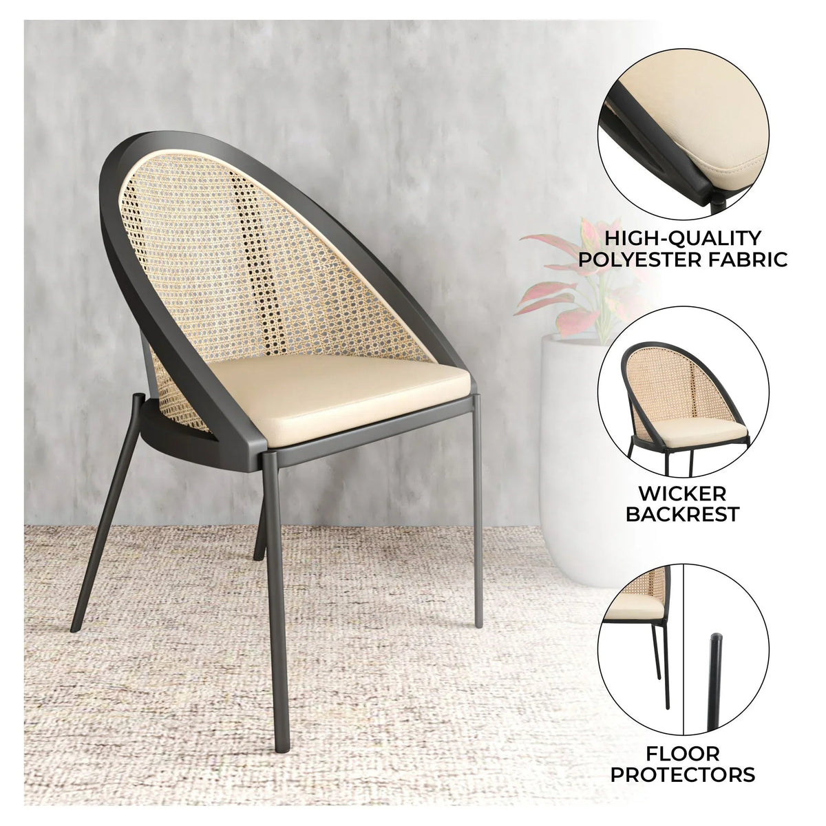 Urbane Dining Chair with Vinyl Fabric Seat and Wicker/Vinyl Backrest in Black Stainless Steel - Elax Furniture