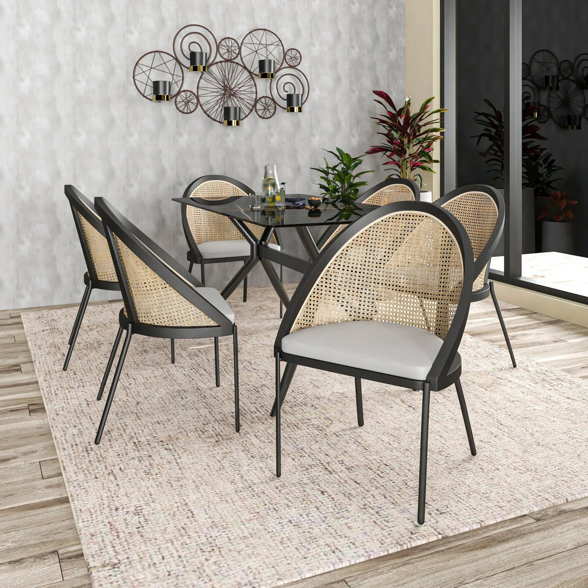 Urbane Dining Chair with Vinyl Fabric Seat and Wicker/Vinyl Backrest in Black Stainless Steel - Elax Furniture