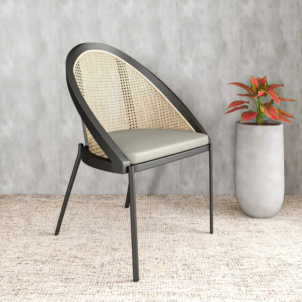 Urbane Dining Chair with Vinyl Fabric Seat and Wicker/Vinyl Backrest in Black Stainless Steel - Elax Furniture