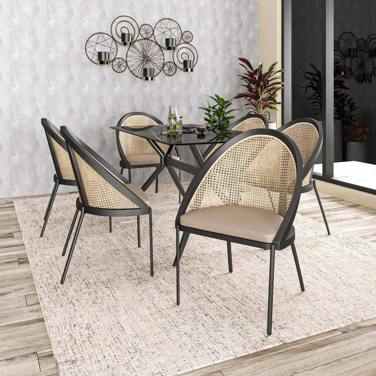 Urbane Dining Chair with Vinyl Fabric Seat and Wicker/Vinyl Backrest in Black Stainless Steel - Elax Furniture