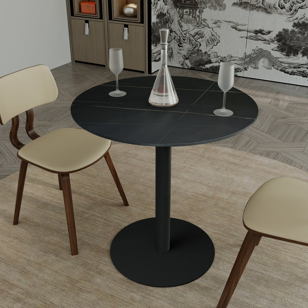 Vail Collection Dining Table Black Base With 27"/36" Round Black MDF Wood/Sintered Stone Top 27 Inches White Stone Dining Table Leisuremod