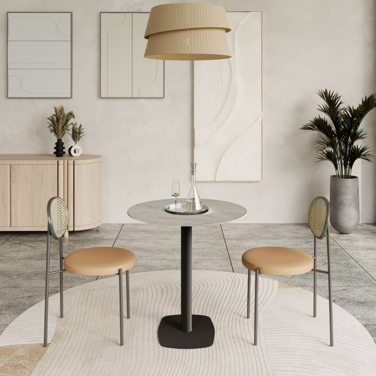 Vail Collection Dining Table Black Rectangle Base With 27"/36" Round Dark Brown MDF Wood/Sintered Stone Top 27 Inches Grey Stone Dining Table Leisuremod