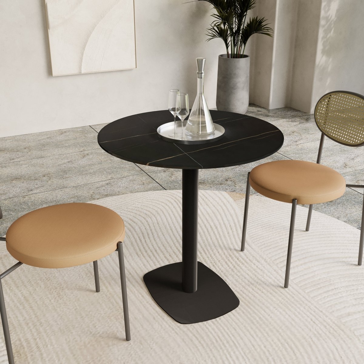 Vail Collection Dining Table Black Rectangle Base With 27"/36" Round Dark Brown MDF Wood/Sintered Stone Top 27 Inches Black Stone Dining Table Leisuremod