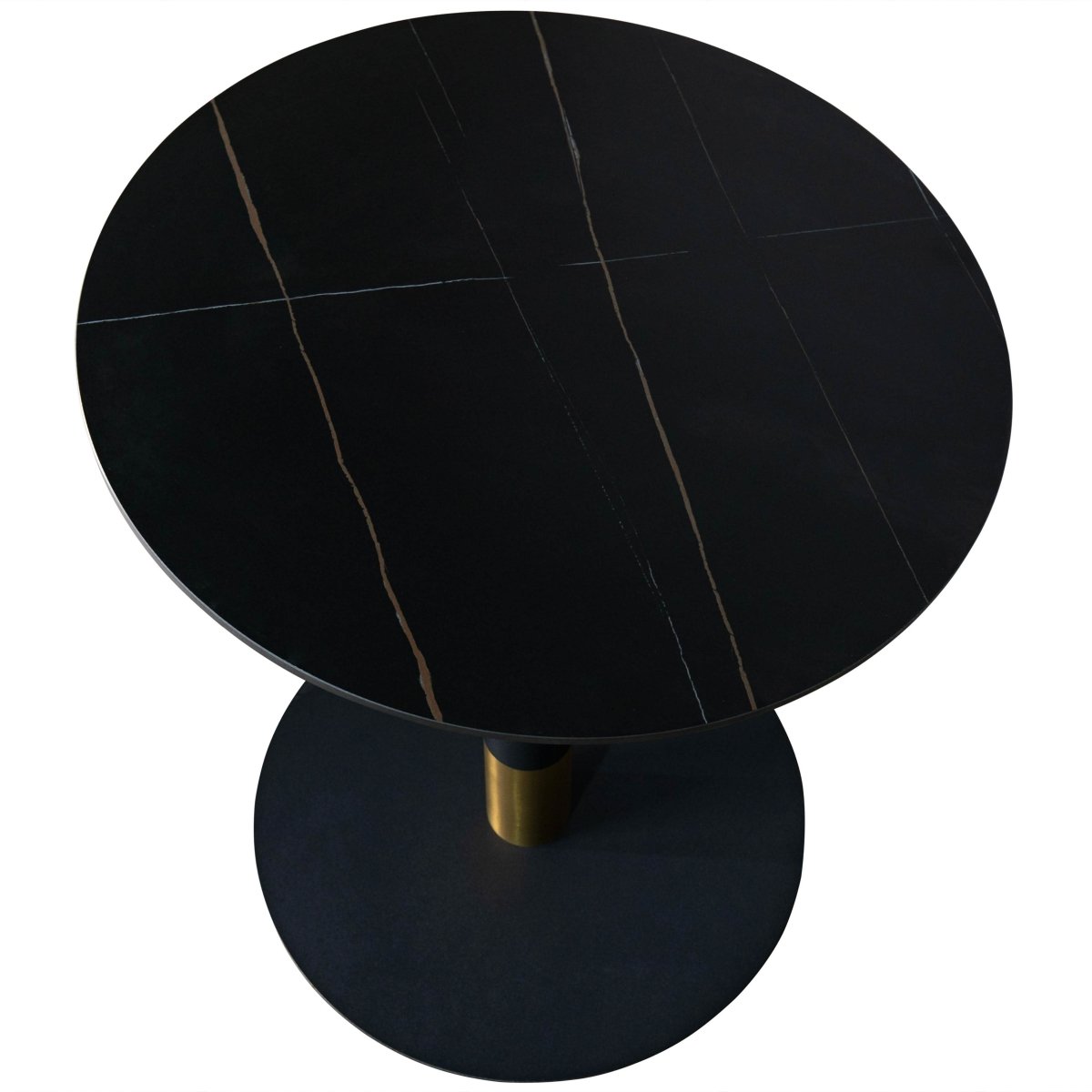 Vail Collection Dining Table Black/Gold Round Base With 27"/36" Round Sintered Stone and MDF Wood Top Stone 36 Inches Black Dining Table Leisuremod