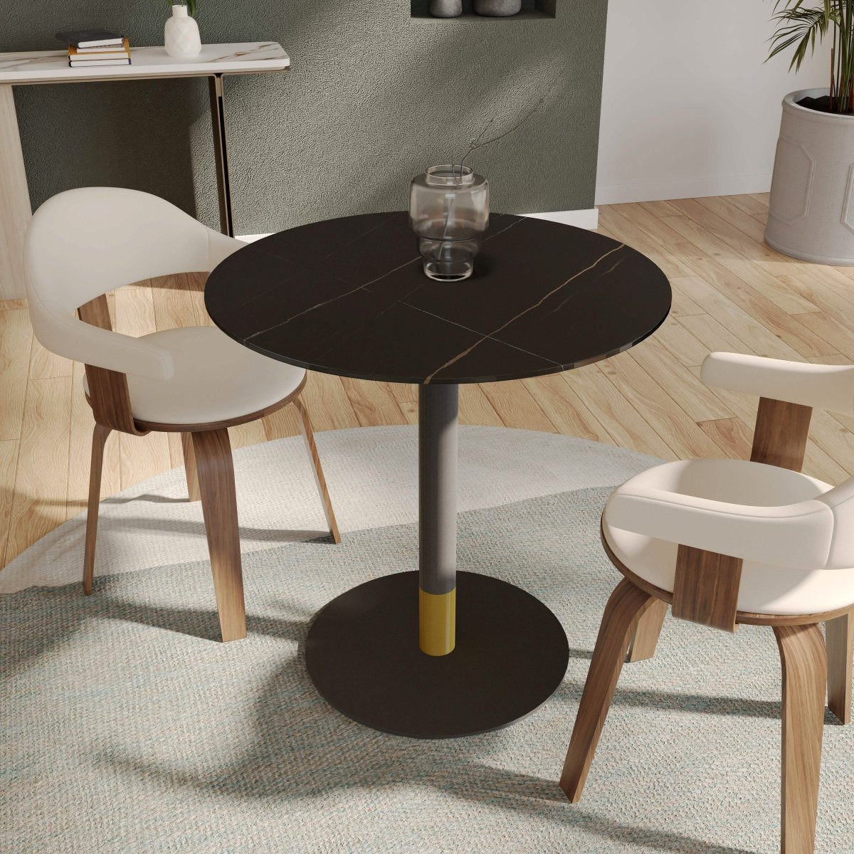 Vail Collection Dining Table Black/Gold Round Base With 27"/36" Round Sintered Stone and MDF Wood Top Stone 27 Inches Black Dining Table Leisuremod