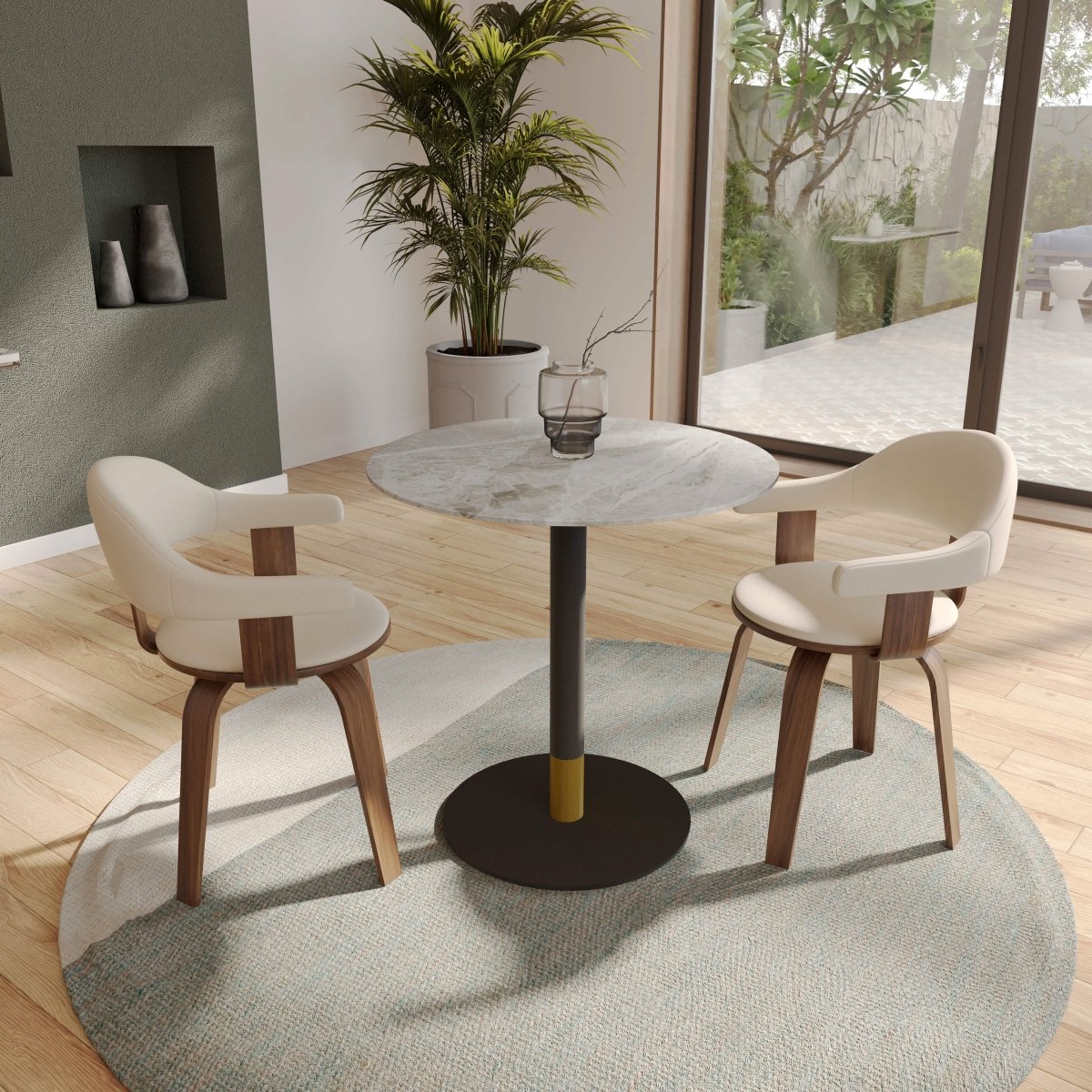 Vail Collection Dining Table Black/Gold Round Base With 27"/36" Round Sintered Stone and MDF Wood Top Stone 36 Inches Grey Dining Table Leisuremod