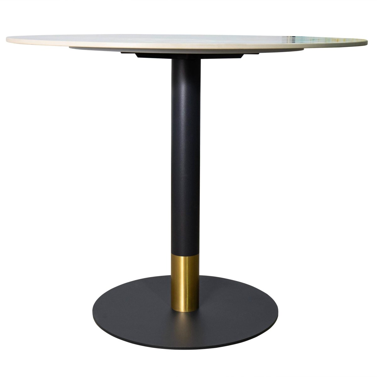 Vail Collection Dining Table Black/Gold Round Base With 27"/36" Round Sintered Stone and MDF Wood Top Stone 36 Inches Grey Dining Table Leisuremod