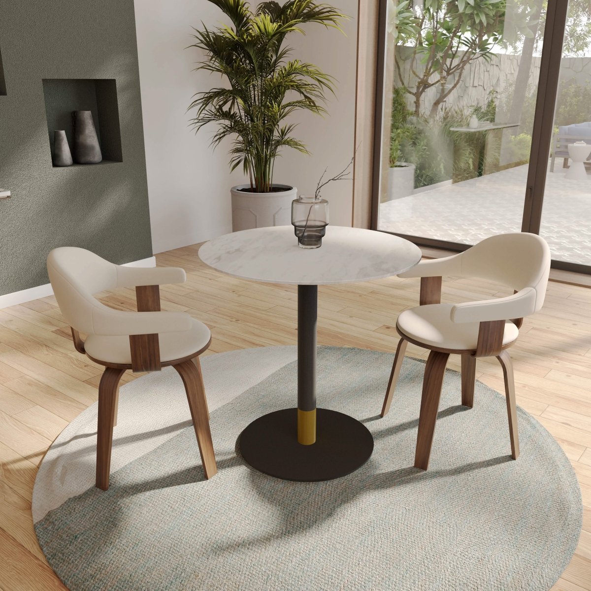 Vail Collection Dining Table Black/Gold Round Base With 27"/36" Round Sintered Stone and MDF Wood Top Stone 27 Inches White Dining Table Leisuremod