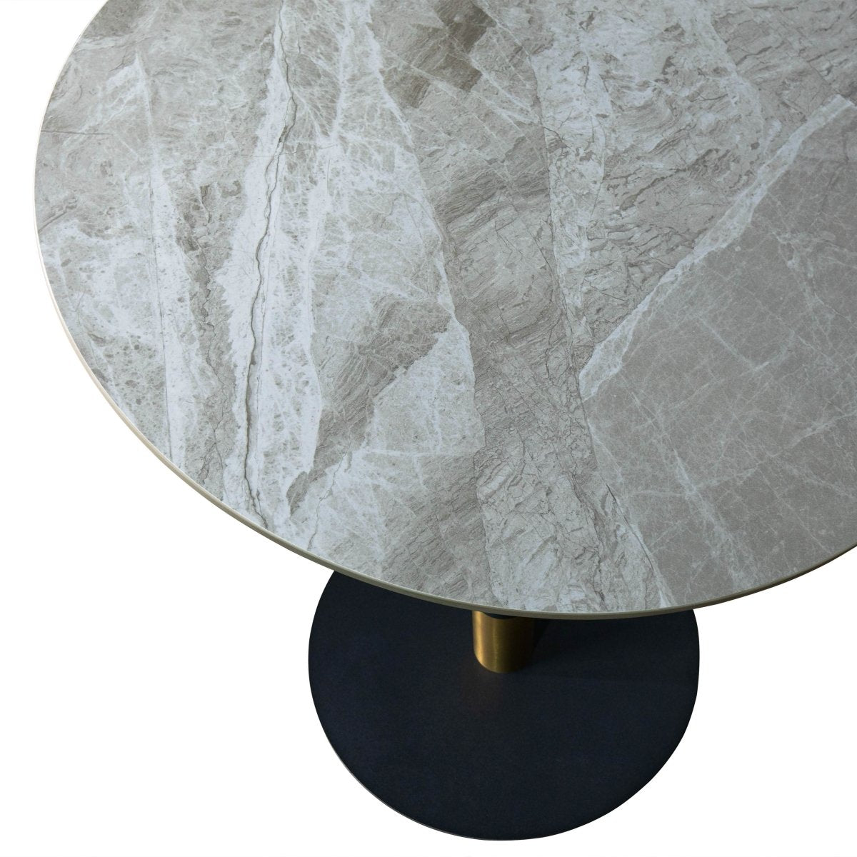 Vail Collection Dining Table Black/Gold Round Base With 27"/36" Round Sintered Stone and MDF Wood Top Stone 27 Inches Grey Dining Table Leisuremod