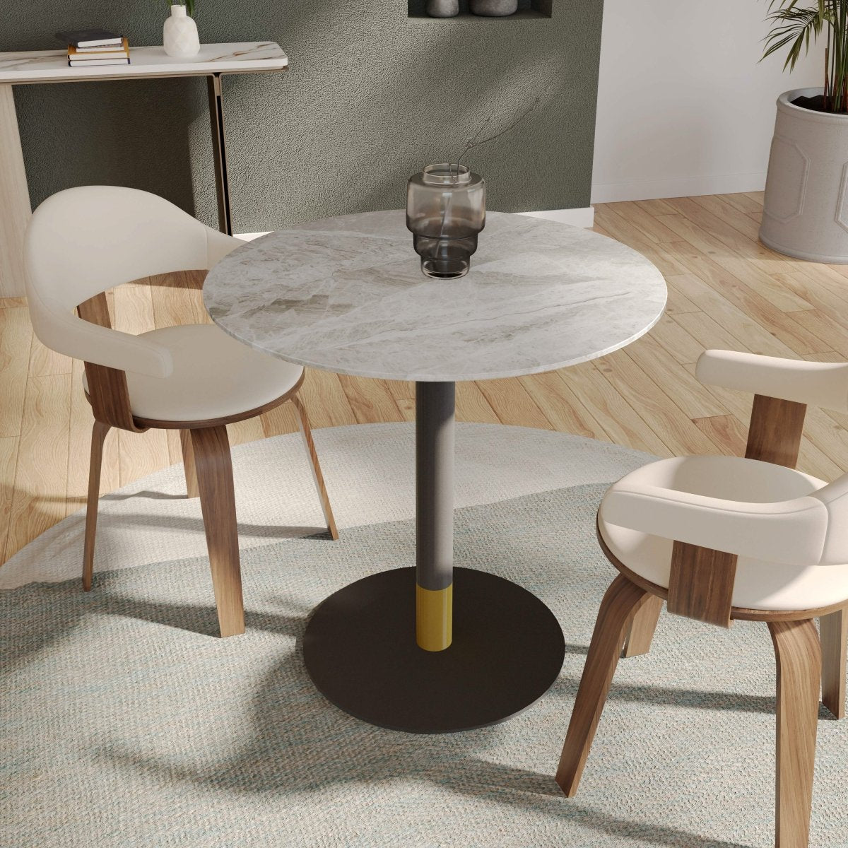 Vail Collection Dining Table Black/Gold Round Base With 27"/36" Round Sintered Stone and MDF Wood Top Stone 27 Inches Grey Dining Table Leisuremod