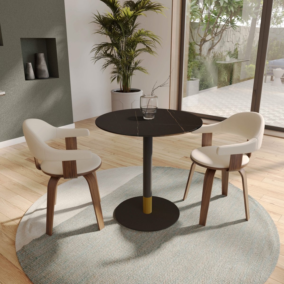 Vail Collection Dining Table Black/Gold Round Base With 27"/36" Round Sintered Stone and MDF Wood Top Stone 36 Inches Black Dining Table Leisuremod