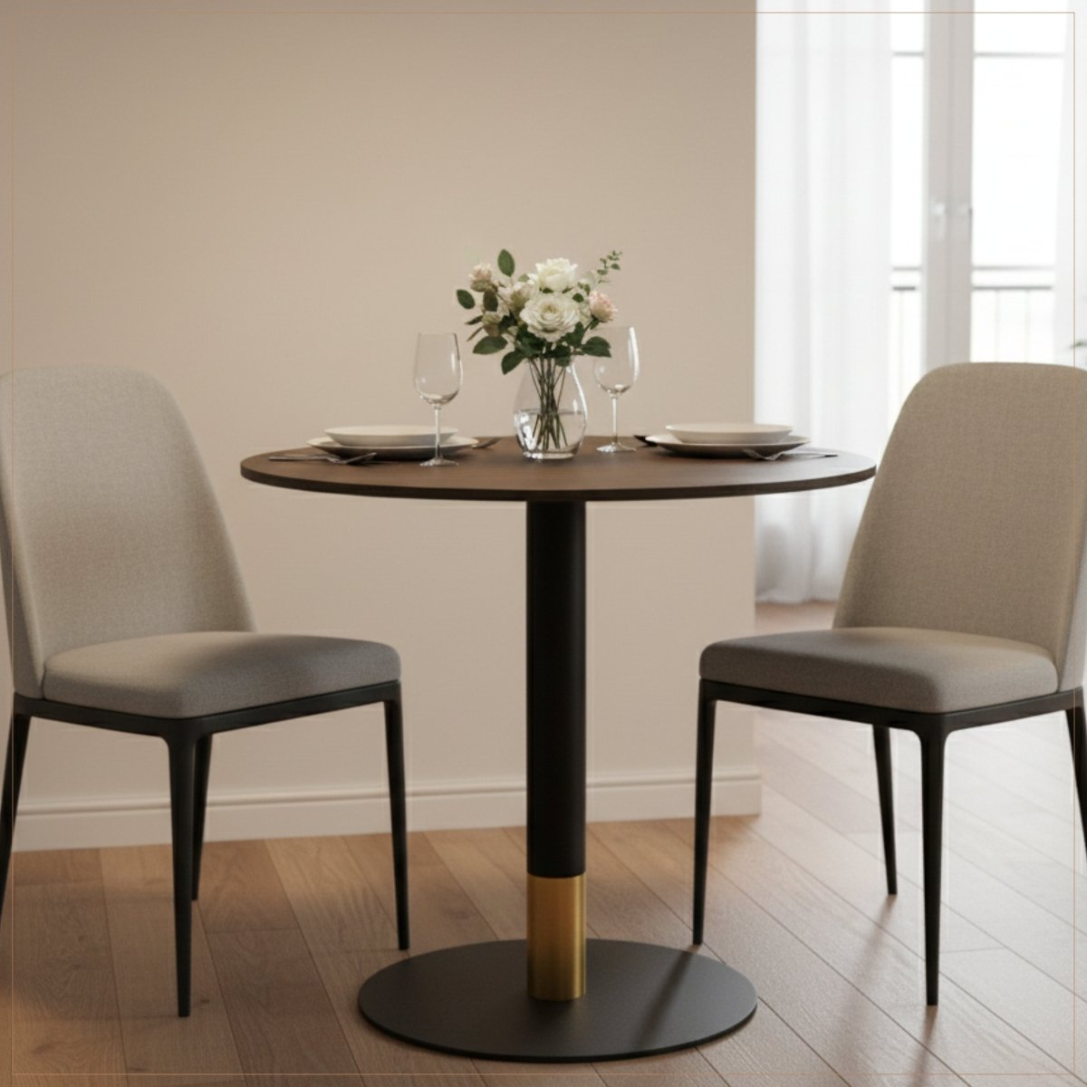 Vail Collection Dining Table Black/Gold Round Base With 27"/36" Round Sintered Stone and MDF Wood Top Wood 27 Inches Dark Brown Dining Table Leisuremod