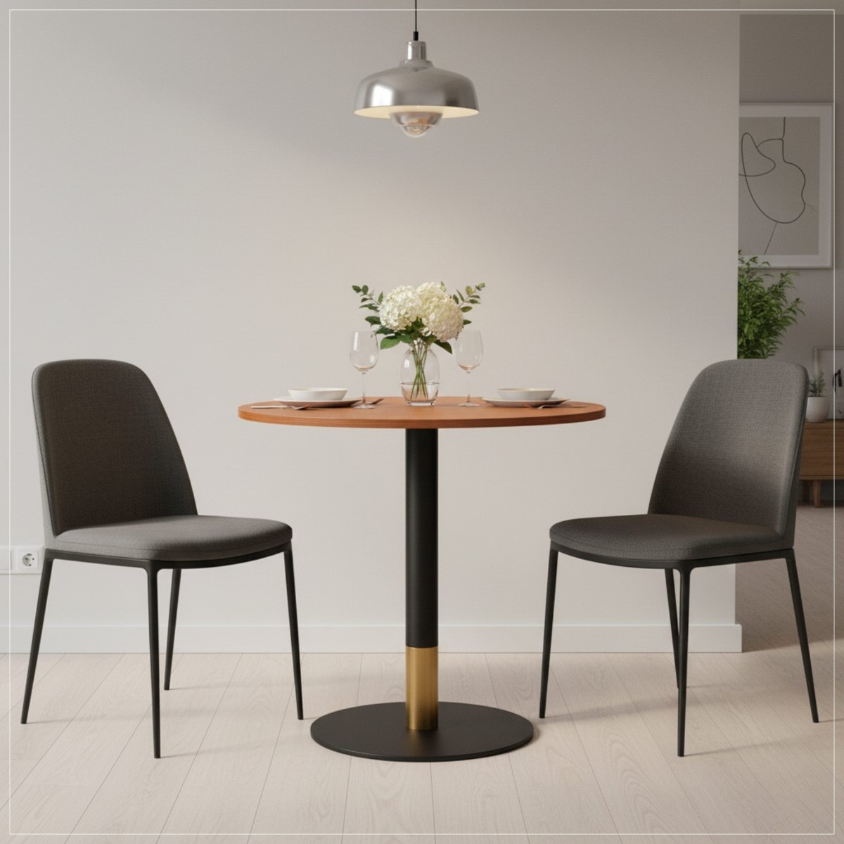 Vail Collection Dining Table Black/Gold Round Base With 27"/36" Round Sintered Stone and MDF Wood Top Wood 27 Inches Cognac Brown Dining Table Leisuremod