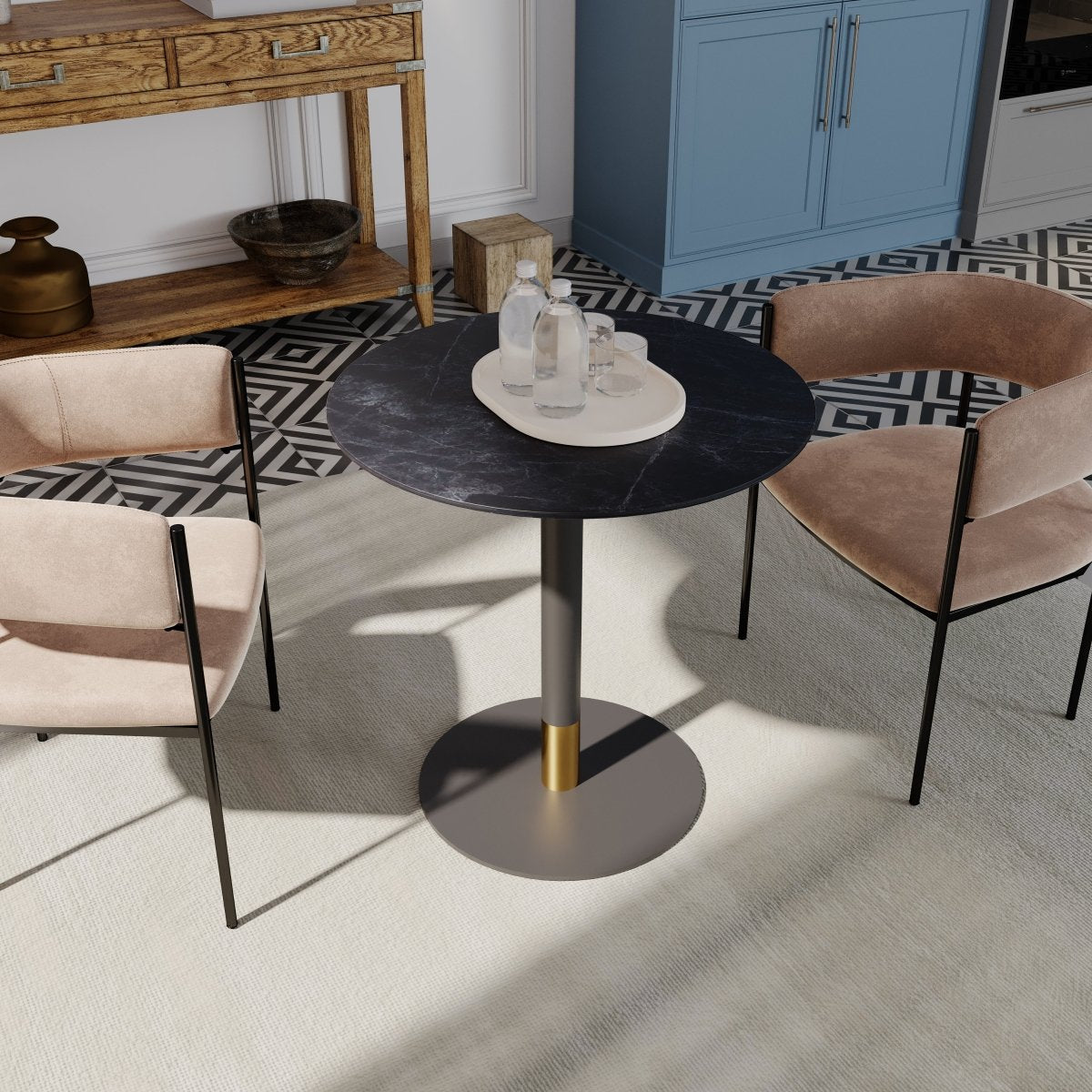 Vail Collection Dining Table Black/Gold Round Base With 27"/36" Round Sintered Stone and MDF Wood Top Wood 27 Inches Black Dining Table Leisuremod