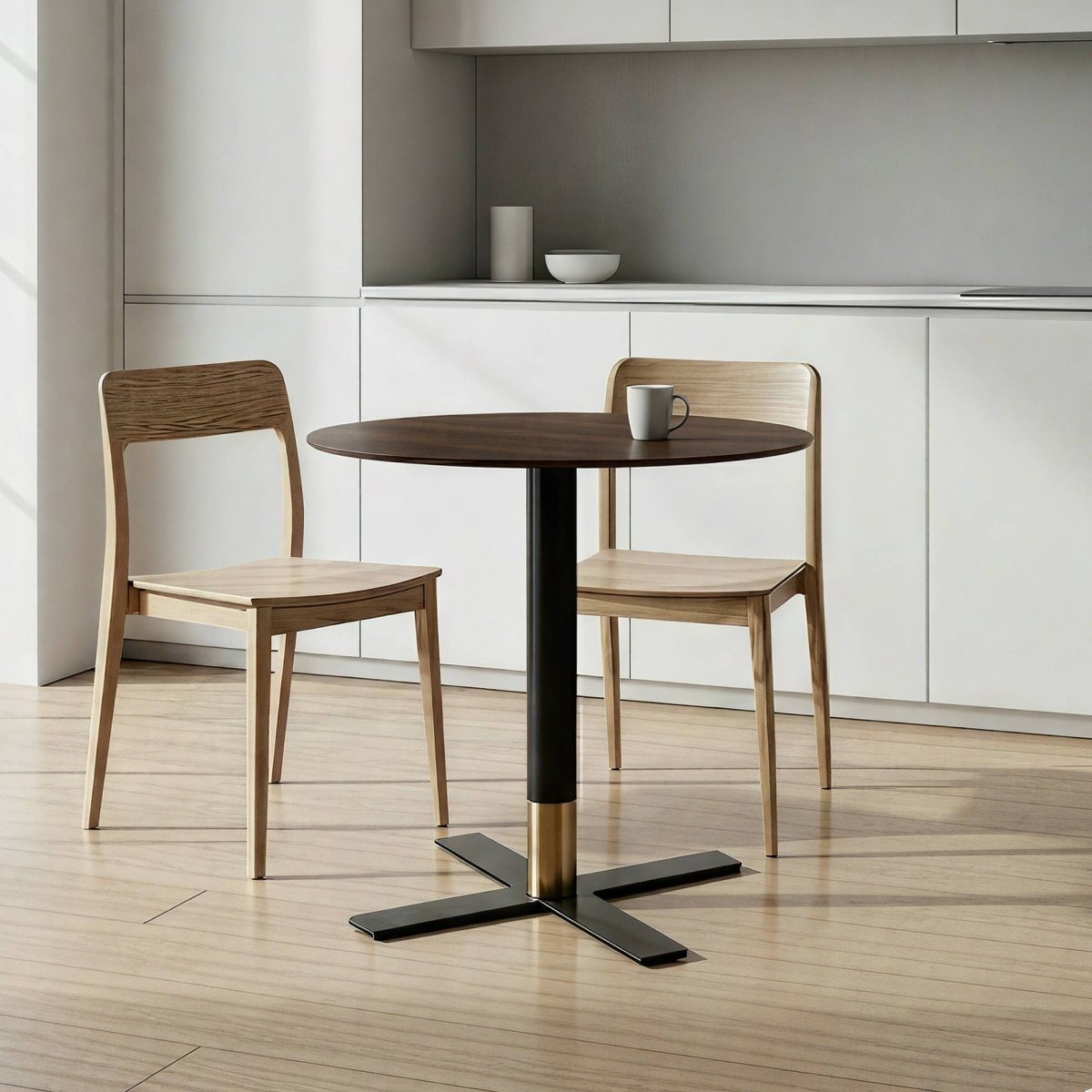 Vail Collection Dining Table Black/Gold X Base With Round MDF Wood/Sintered Stone Top Dark Brown Wood Dining Table Leisuremod