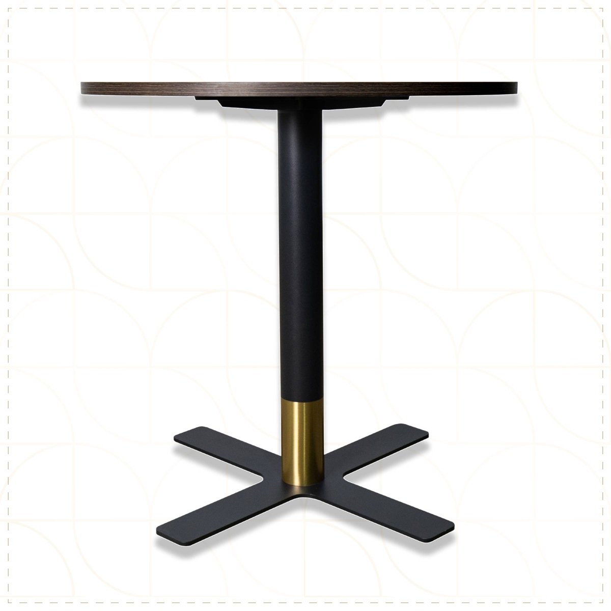 Vail Collection Dining Table Black/Gold X Base With Round MDF Wood/Sintered Stone Top Dark Brown Wood Dining Table Leisuremod