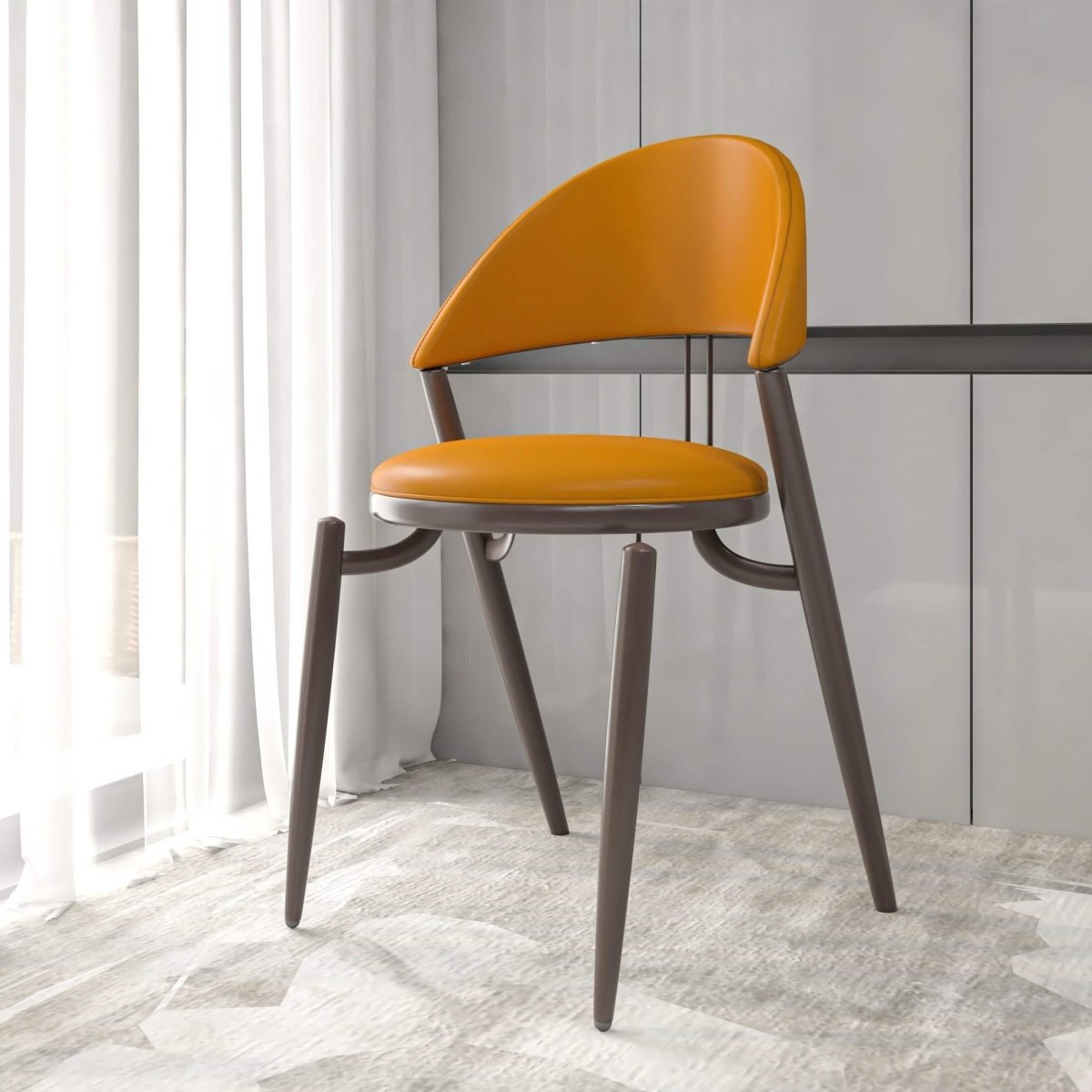 Venice Dining Chair Upholstered Leather in Iron With an Open Curved Back Design Light Brown Dining Chair Leisuremod