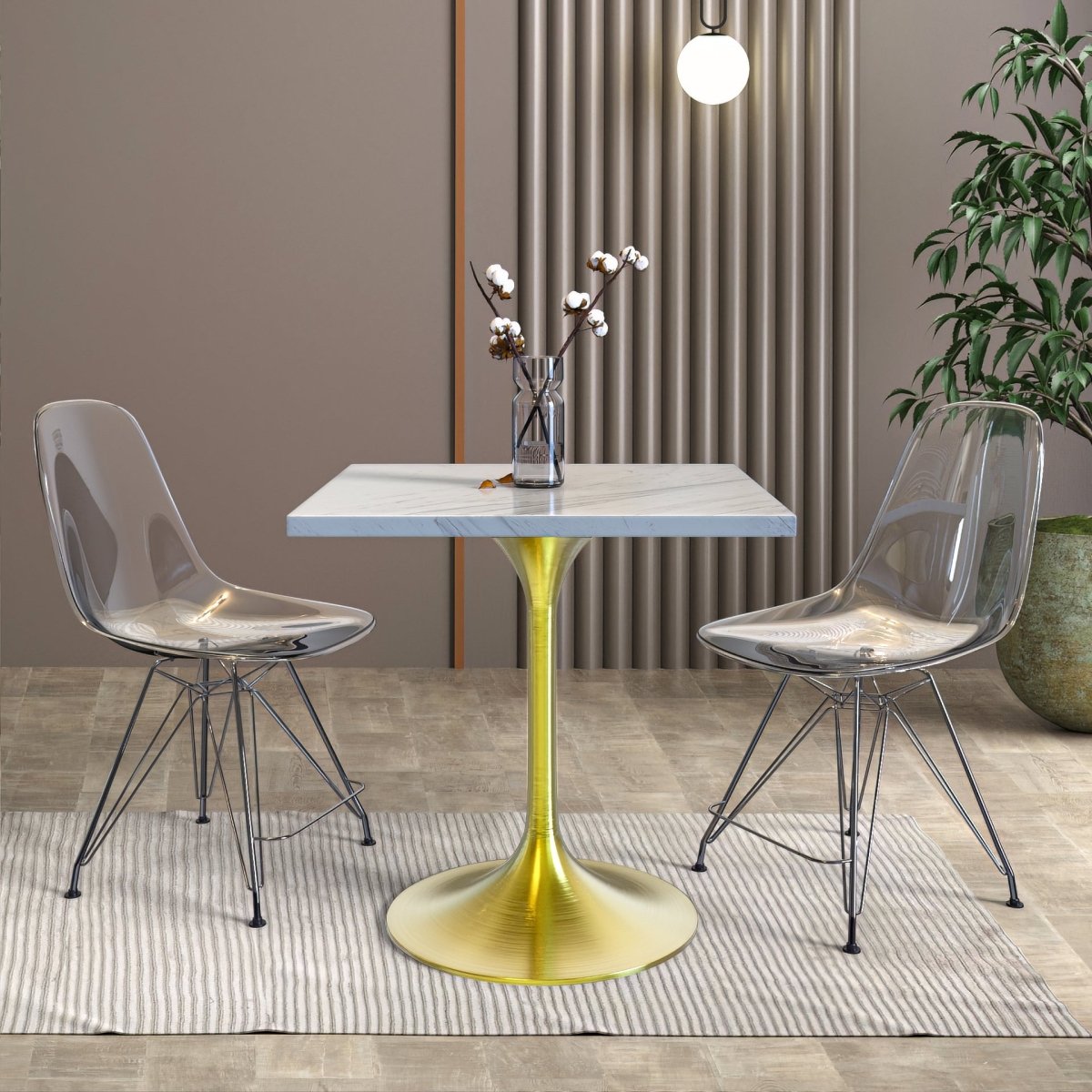 Verve Collection 24"Square Dining Table, Black/White/Brushed Gold Base with MDF Top 27 Inch Brushed Gold Marbled White Resin Dining Table Leisuremod