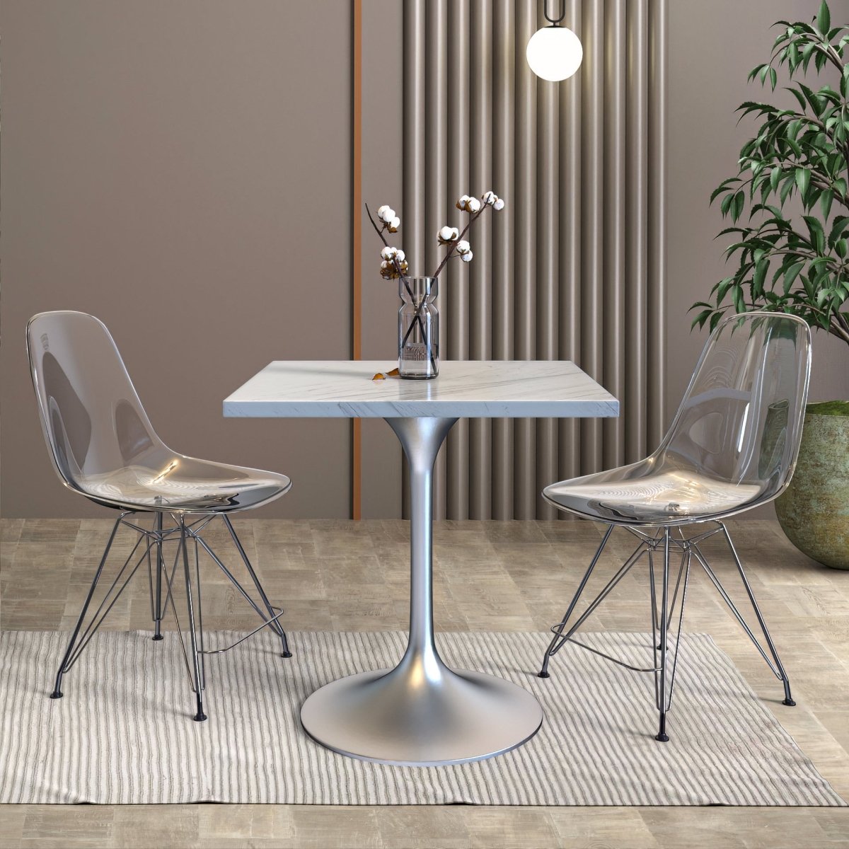 Verve Collection 24"Square Dining Table, Black/White/Brushed Gold Base with MDF Top 27 Inch Silver Marbled White Resin Dining Table Leisuremod