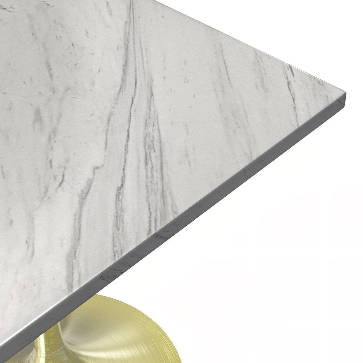 Verve Collection 24"Square Dining Table, Black/White/Brushed Gold Base with MDF Top 27 Inch Brushed Gold Marbled White Resin Dining Table Leisuremod