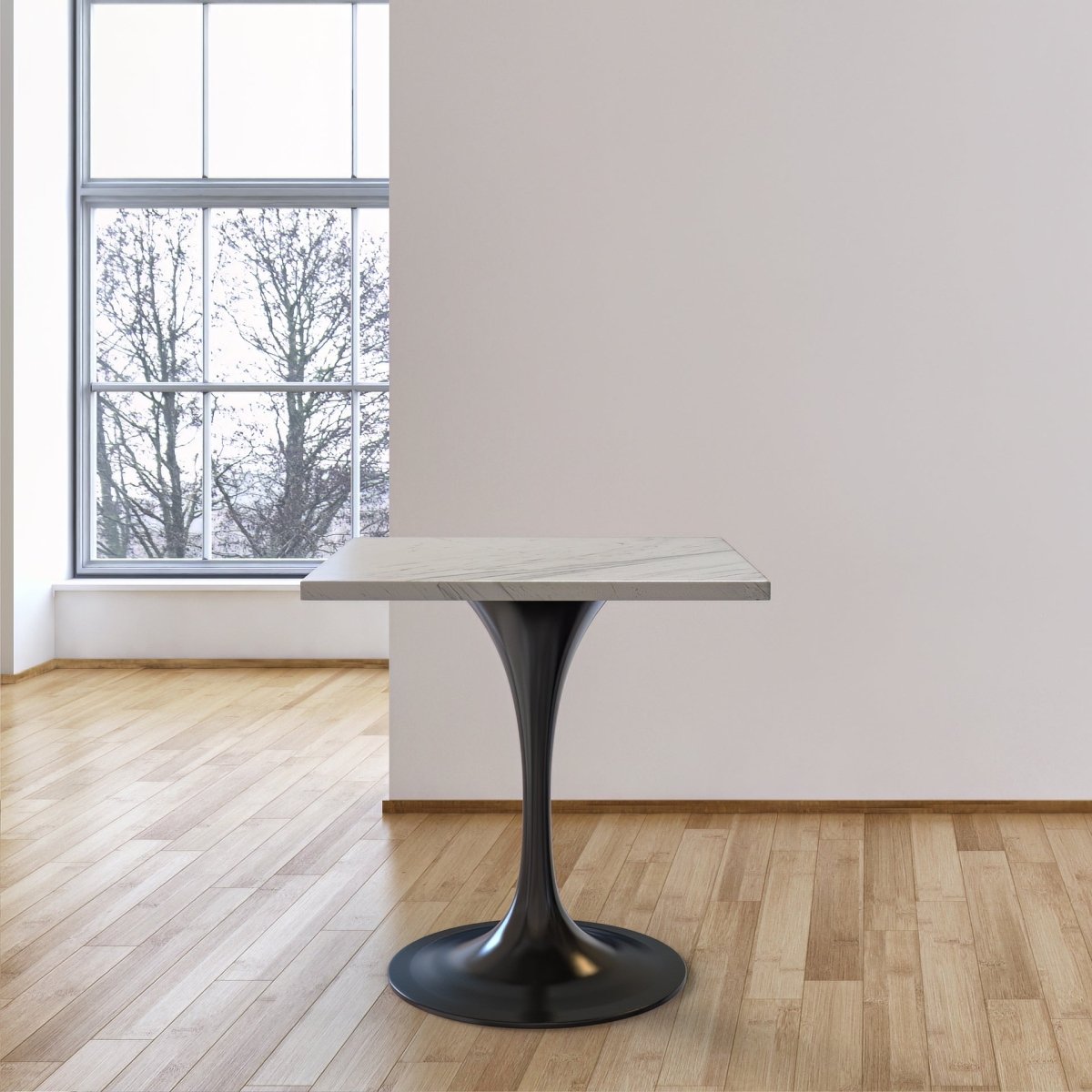 Verve Collection 24"Square Dining Table, Black/White/Brushed Gold Base with MDF Top 27 Inch Black Marbled White Resin Dining Table Leisuremod