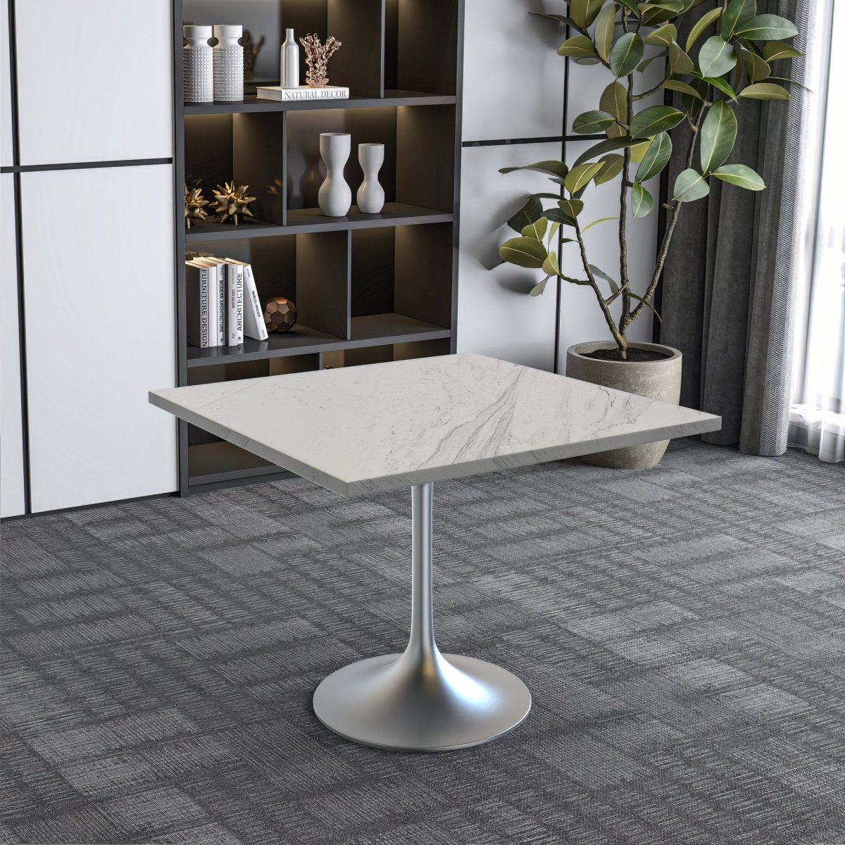 Verve Collection 24"Square Dining Table, Black/White/Brushed Gold Base with MDF Top 36 Inch Silver Marbled White Resin Dining Table Leisuremod