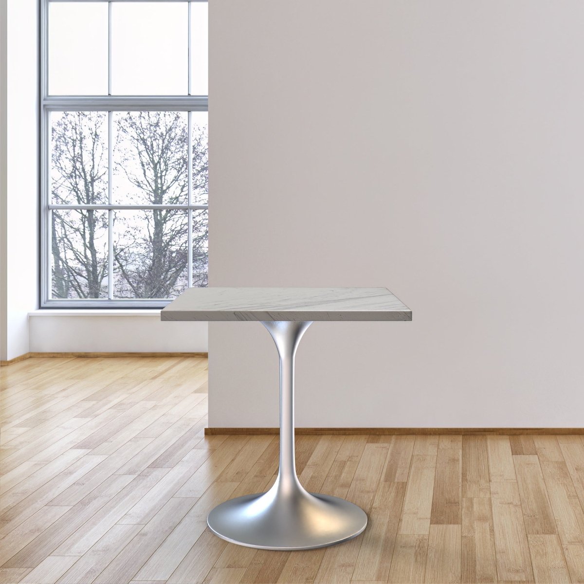 Verve Collection 24"Square Dining Table, Black/White/Brushed Gold Base with MDF Top 27 Inch Silver Marbled White Resin Dining Table Leisuremod