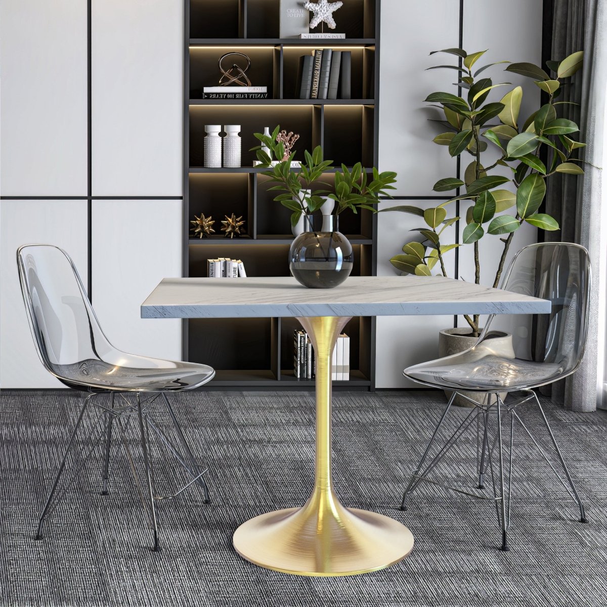 Verve Collection 24"Square Dining Table, Black/White/Brushed Gold Base with MDF Top 36 Inch Brushed Gold Marbled White Resin Dining Table Leisuremod