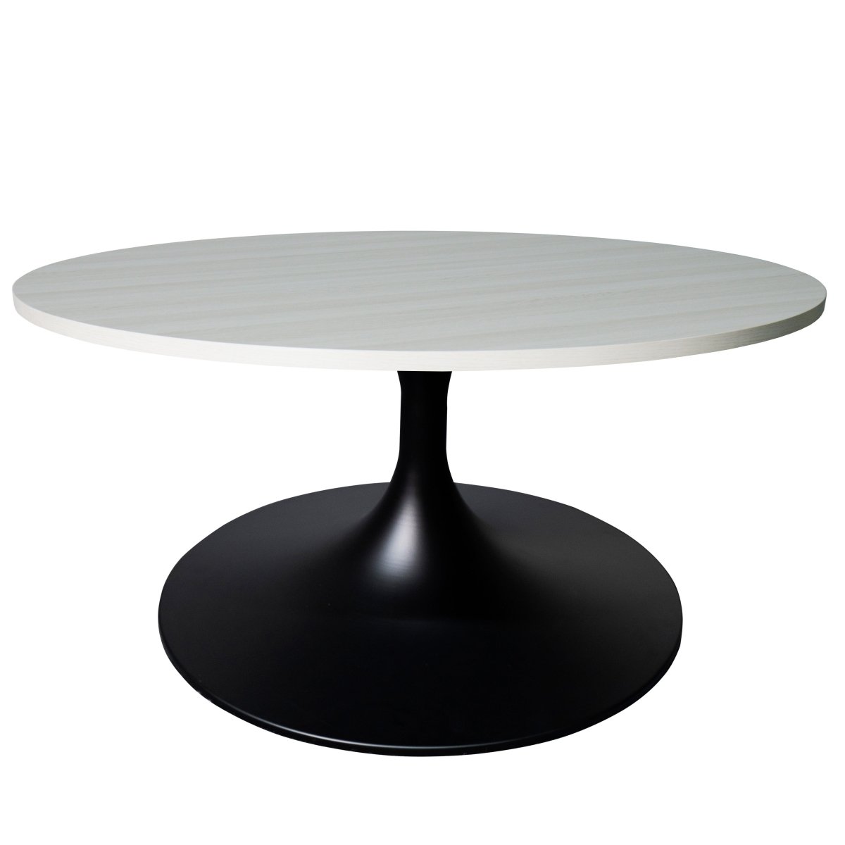 Verve Round Coffee Table with MDF/Resin/Sintered Stone Tabletop and Black Stainless Steel Base MDF 27 Inches Wide Light Natural Coffee Table Leisuremod