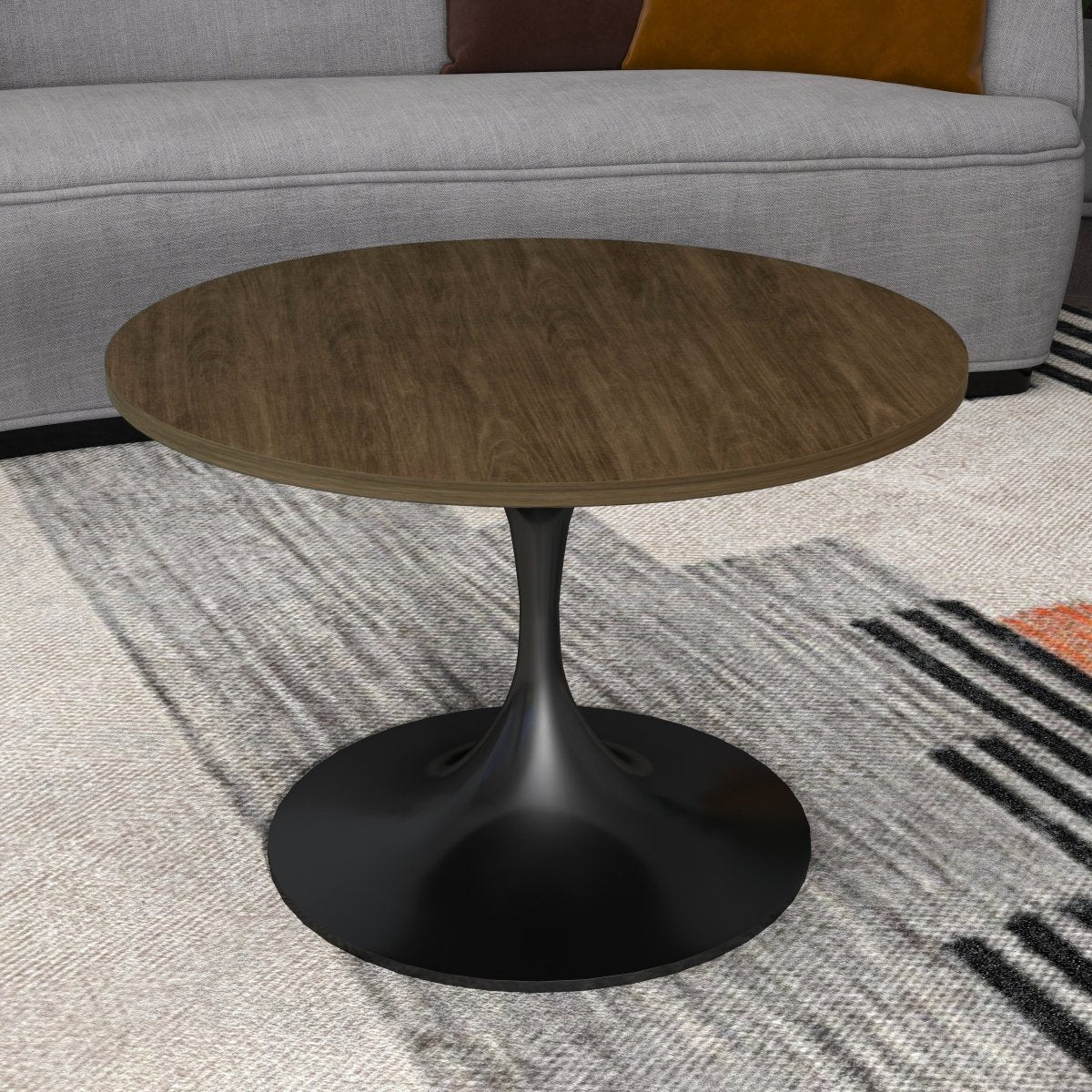 Verve Round Coffee Table with MDF/Resin/Sintered Stone Tabletop and Black Stainless Steel Base MDF 27 Inches Wide Dark Brown Coffee Table Leisuremod
