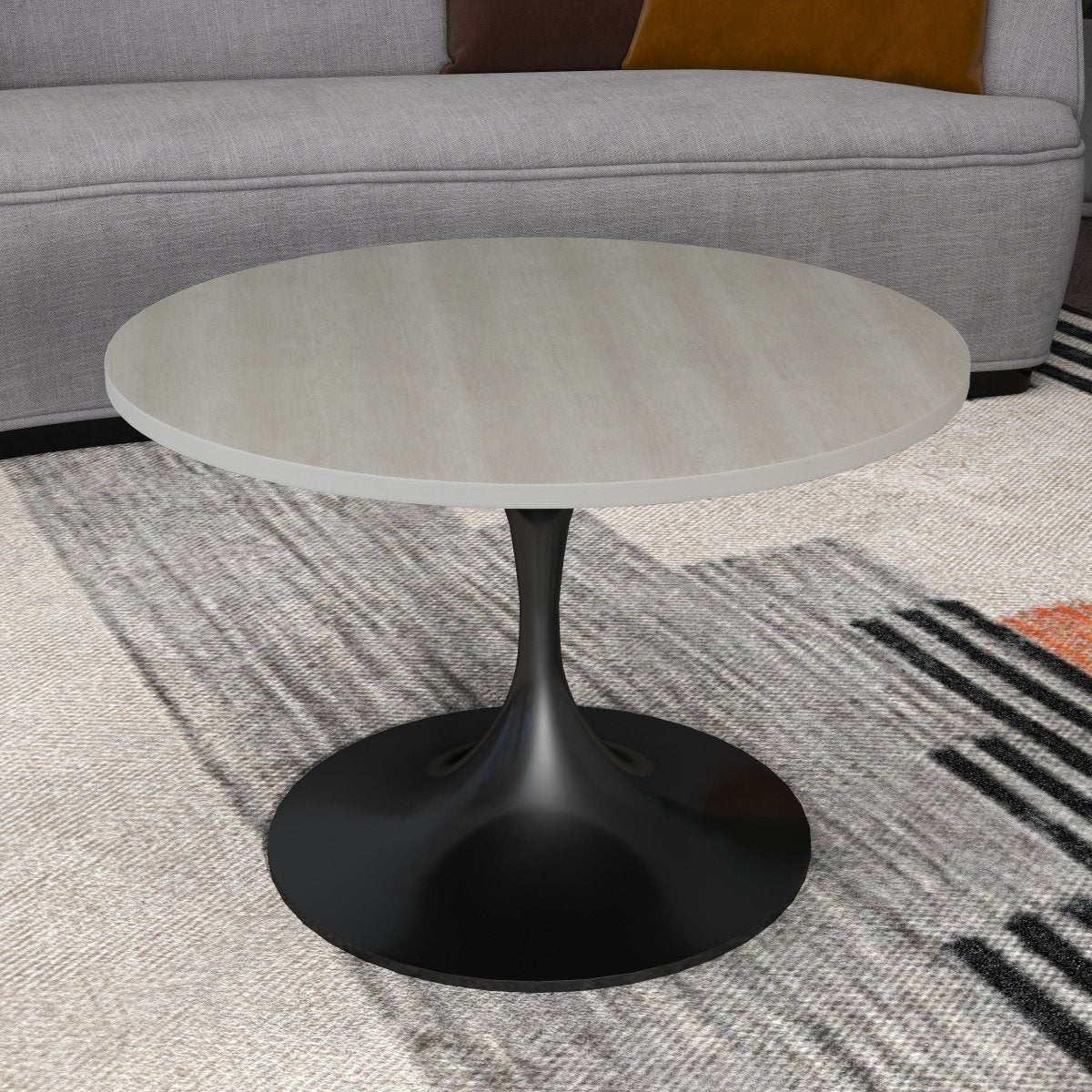 Verve Round Coffee Table with MDF/Resin/Sintered Stone Tabletop and Black Stainless Steel Base MDF 27 Inches Wide Light Natural Coffee Table Leisuremod