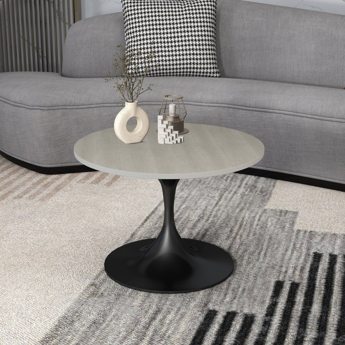 Verve Round Coffee Table with MDF/Resin/Sintered Stone Tabletop and Black Stainless Steel Base MDF 27 Inches Wide Light Natural Coffee Table Leisuremod