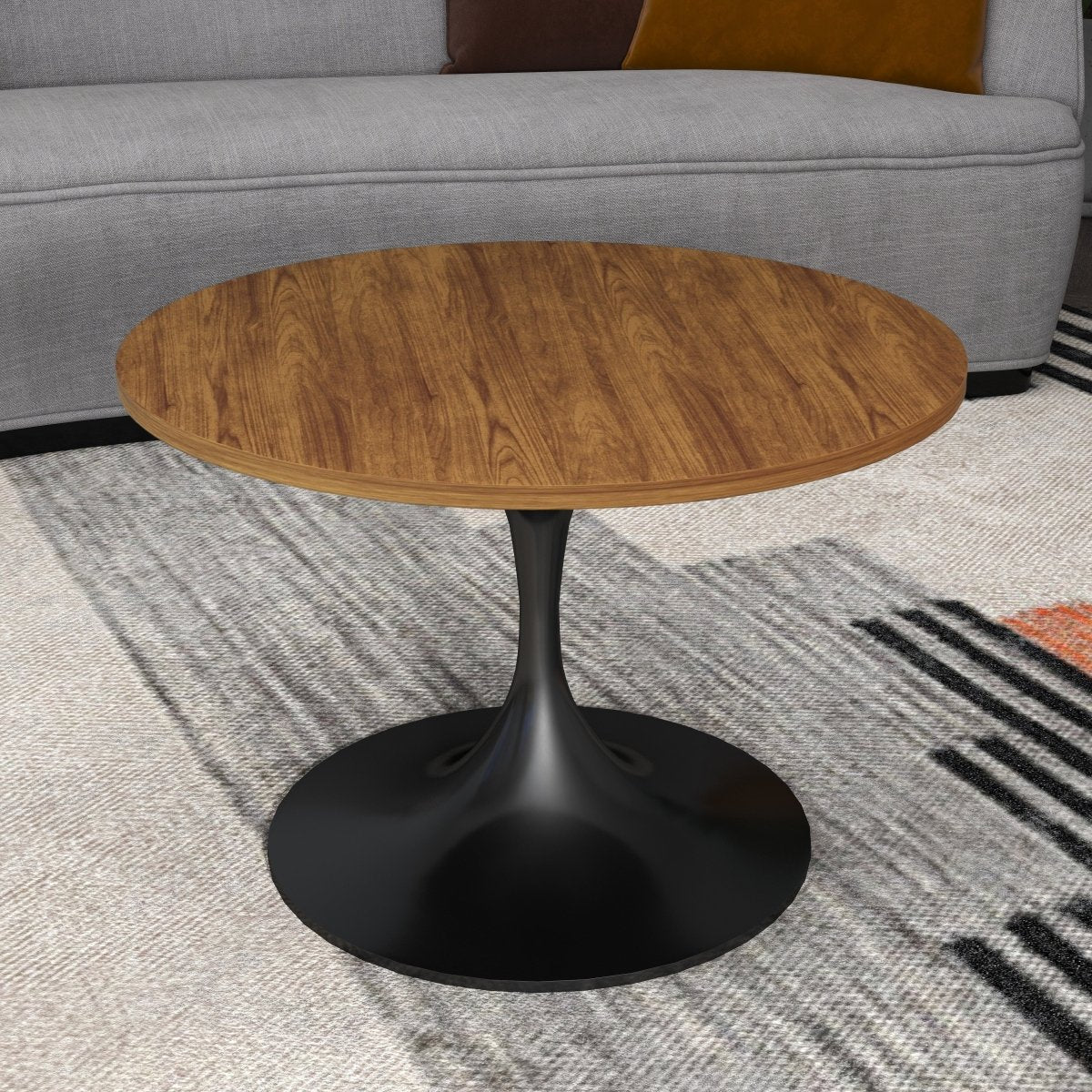 Verve Round Coffee Table with MDF/Resin/Sintered Stone Tabletop and Black Stainless Steel Base MDF 27 Inches Wide Brown Coffee Table Leisuremod