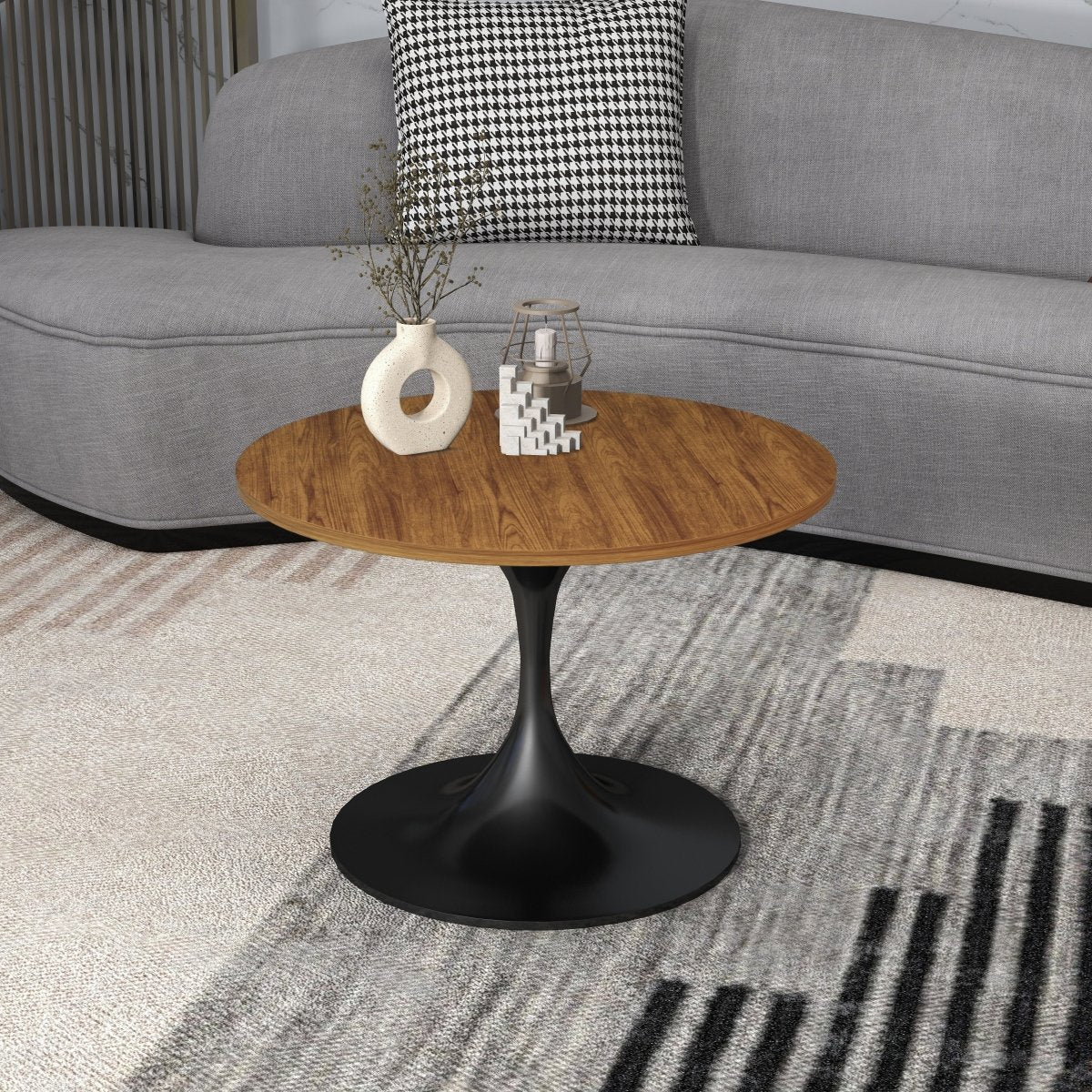 Verve Round Coffee Table with MDF/Resin/Sintered Stone Tabletop and Black Stainless Steel Base MDF 27 Inches Wide Brown Coffee Table Leisuremod