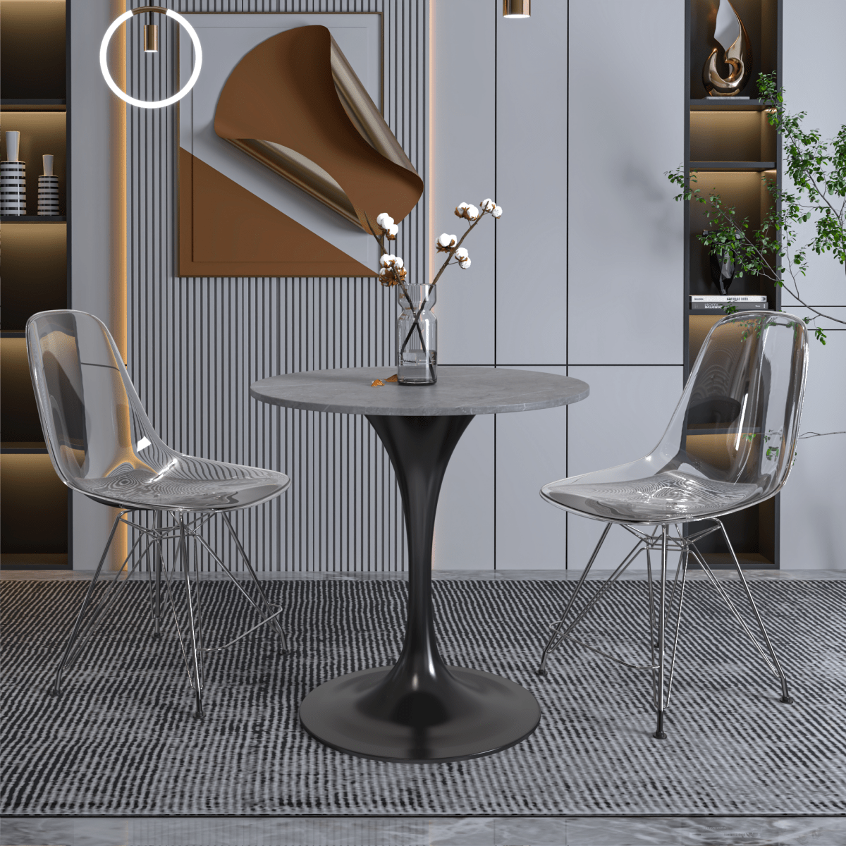 Verve Round Dining Table with MDF/Sintered Stone/Resin Tabletop in Black Stainless Steel Pedestal Base Sintered Stone 27 Inch Grey Dining Table Leisuremod