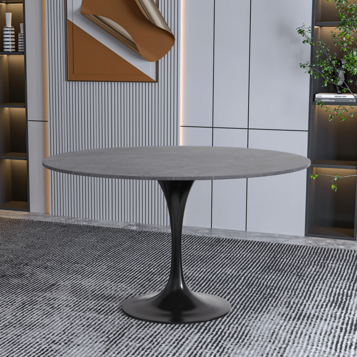 Verve Round Dining Table with MDF/Sintered Stone/Resin Tabletop in Black Stainless Steel Pedestal Base Sintered Stone 48 Inch Grey Dining Table Leisuremod