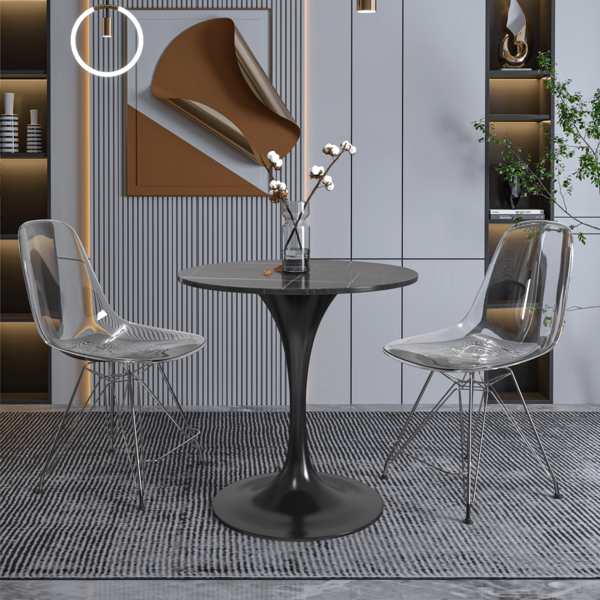 Verve Round Dining Table with MDF/Sintered Stone/Resin Tabletop in Black Stainless Steel Pedestal Base Sintered Stone 27 Inch Black Dining Table Leisuremod