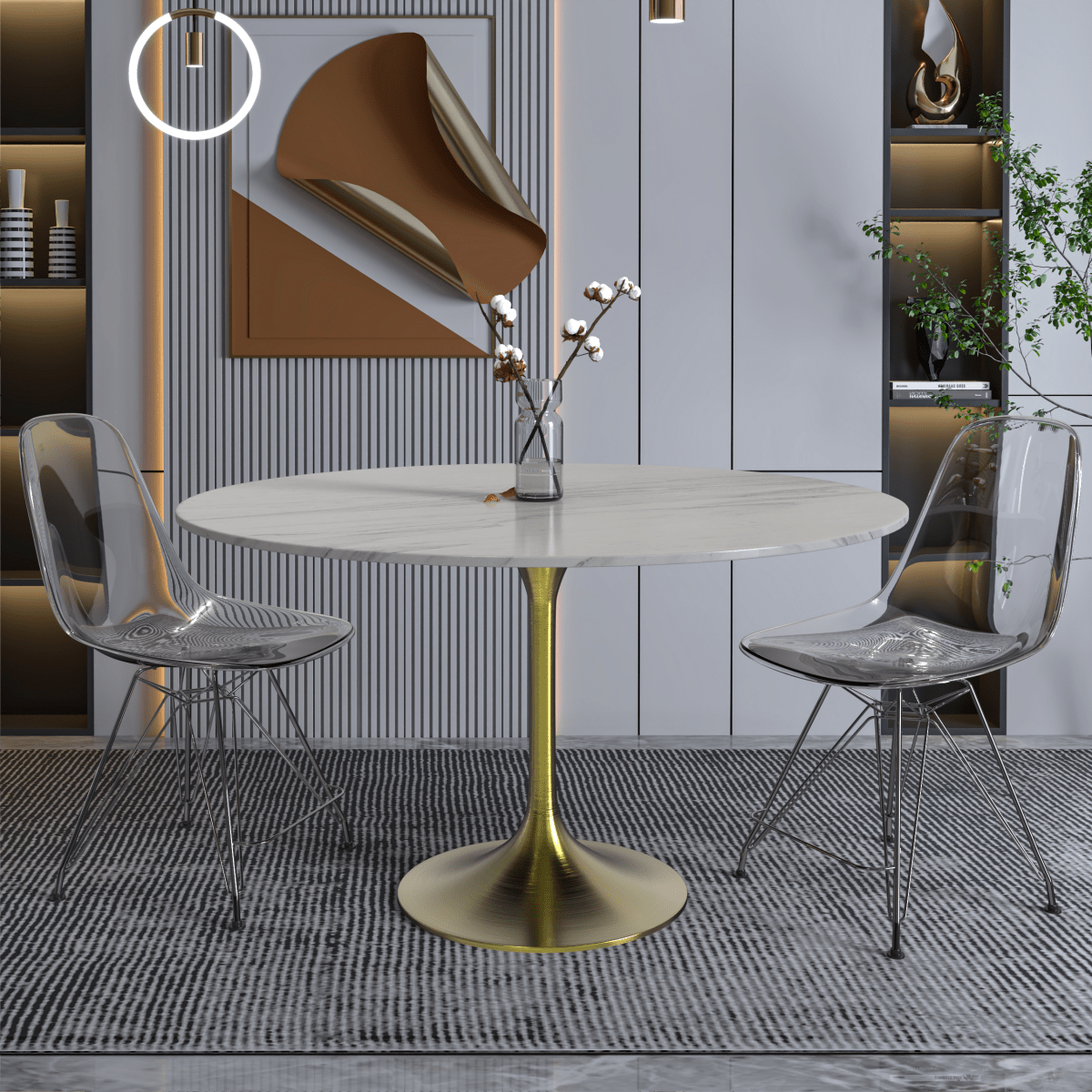 Verve Round Dining Table with MDF/Sintered Stone/Resin Tabletop in Gold Stainless Steel Pedestal Base Sintered Stone 48 Inch White Dining Table Leisuremod