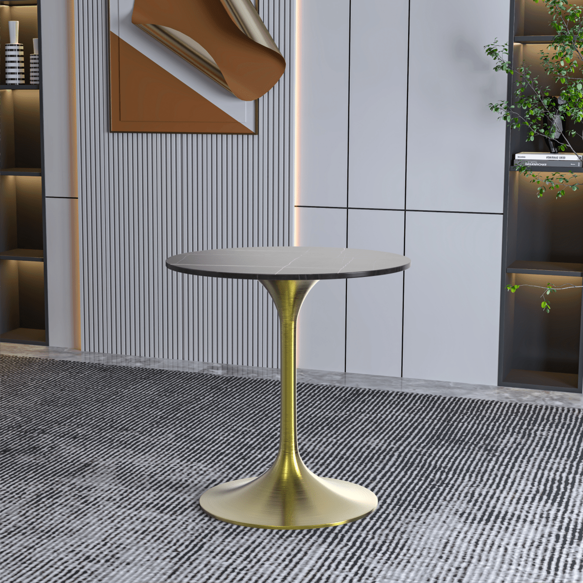 Verve Round Dining Table with MDF/Sintered Stone/Resin Tabletop in Gold Stainless Steel Pedestal Base Sintered Stone 27 Inch Black Dining Table Leisuremod