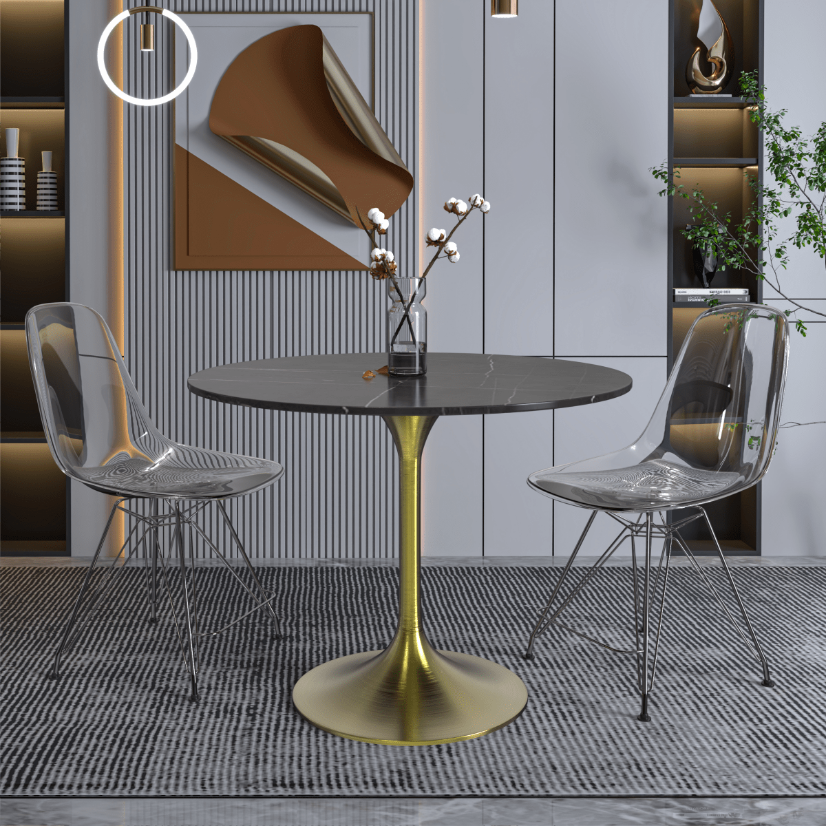 Verve Round Dining Table with MDF/Sintered Stone/Resin Tabletop in Gold Stainless Steel Pedestal Base Sintered Stone 36 Inch Black Dining Table Leisuremod