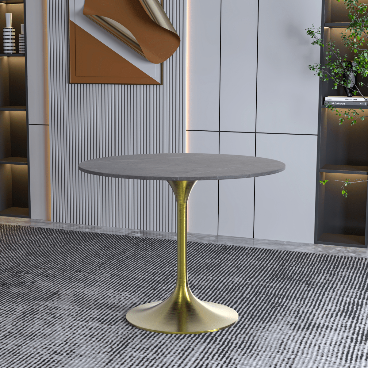 Verve Round Dining Table with MDF/Sintered Stone/Resin Tabletop in Gold Stainless Steel Pedestal Base Sintered Stone 36 Inch Grey Dining Table Leisuremod