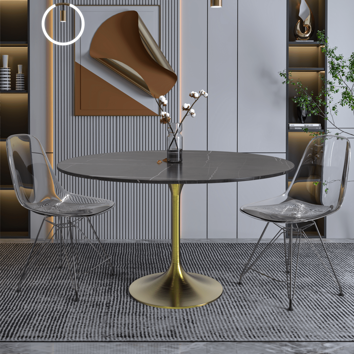 Verve Round Dining Table with MDF/Sintered Stone/Resin Tabletop in Gold Stainless Steel Pedestal Base Sintered Stone 48 Inch Black Dining Table Leisuremod
