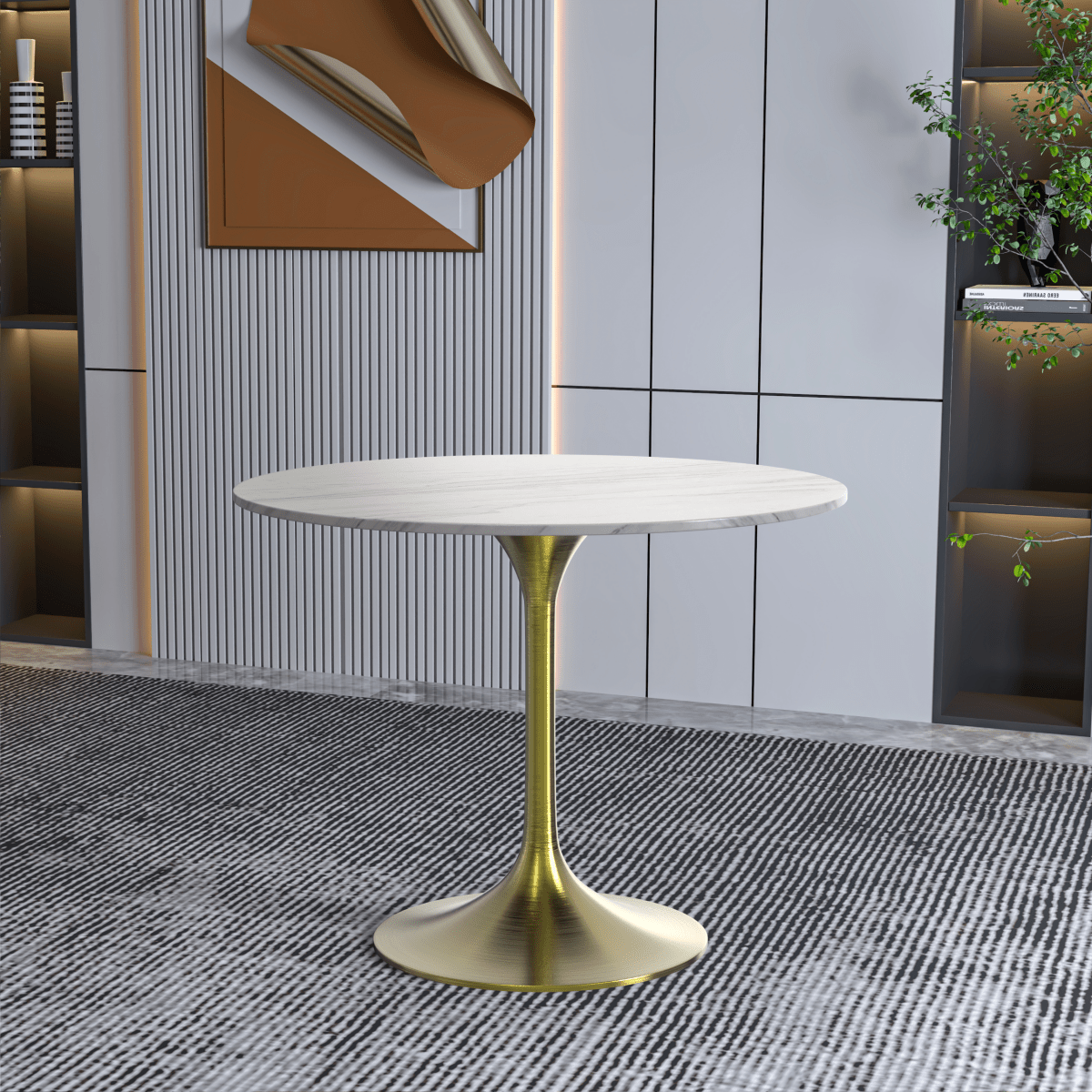 Verve Round Dining Table with MDF/Sintered Stone/Resin Tabletop in Gold Stainless Steel Pedestal Base Sintered Stone 36 Inch White Dining Table Leisuremod