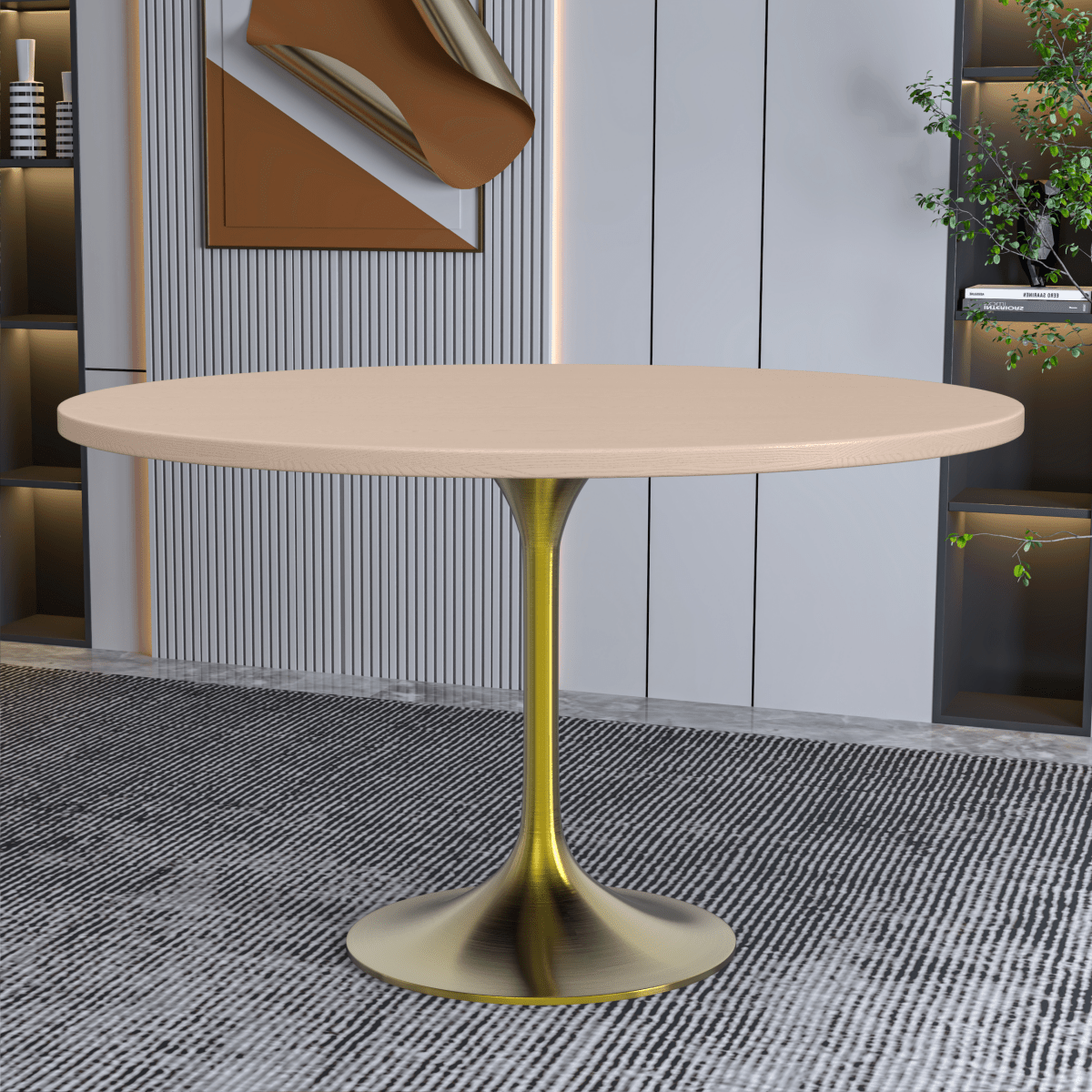 Verve Round Dining Table with MDF/Sintered Stone/Resin Tabletop in Gold Stainless Steel Pedestal Base MDF 48 Inch Natural Wood Dining Table Leisuremod