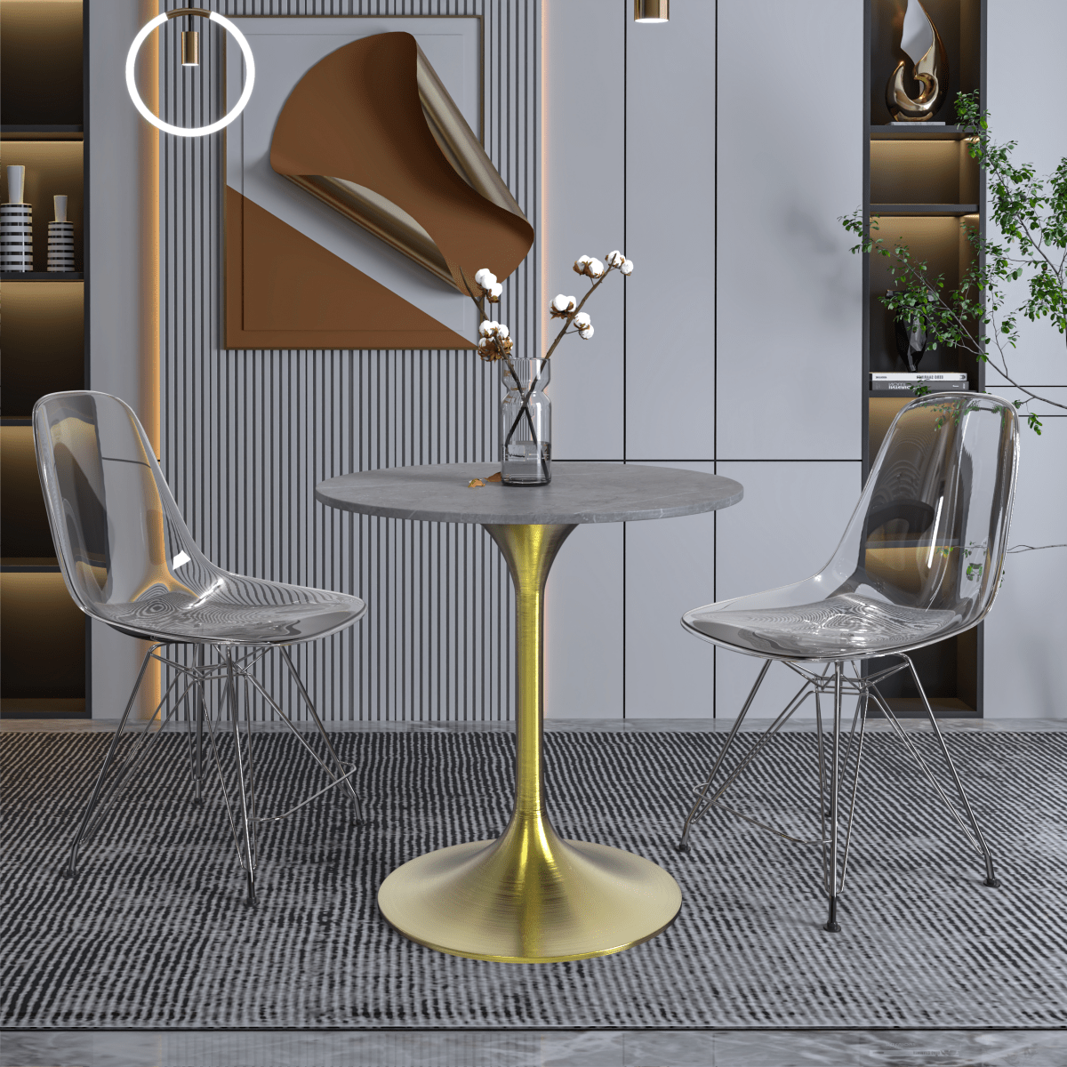 Verve Round Dining Table with MDF/Sintered Stone/Resin Tabletop in Gold Stainless Steel Pedestal Base Sintered Stone 27 Inch Grey Dining Table Leisuremod