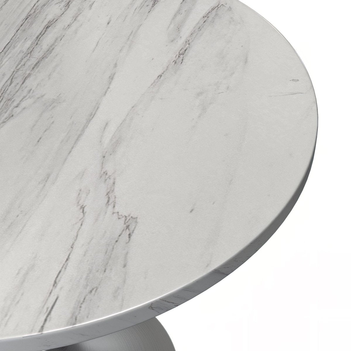 Verve Round Dining Table with MDF/Sintered Stone/Resin Tabletop in Silver Stainless Steel Pedestal Base Resin 36 Inch White Resin Dining Table Leisuremod
