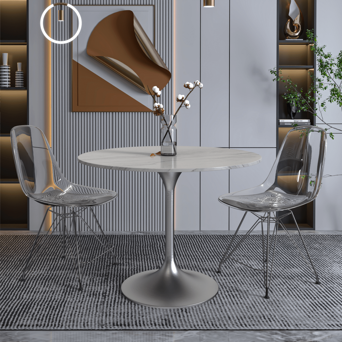 Verve Round Dining Table with MDF/Sintered Stone/Resin Tabletop in Silver Stainless Steel Pedestal Base Sintered Stone 36 Inch White Dining Table Leisuremod