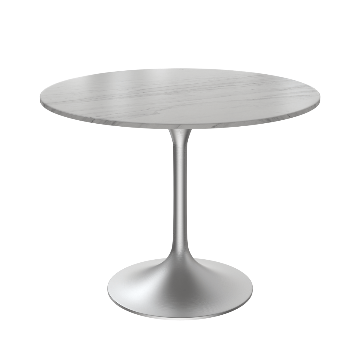 Verve Round Dining Table with MDF/Sintered Stone/Resin Tabletop in Silver Stainless Steel Pedestal Base Sintered Stone 36 Inch White Dining Table Leisuremod