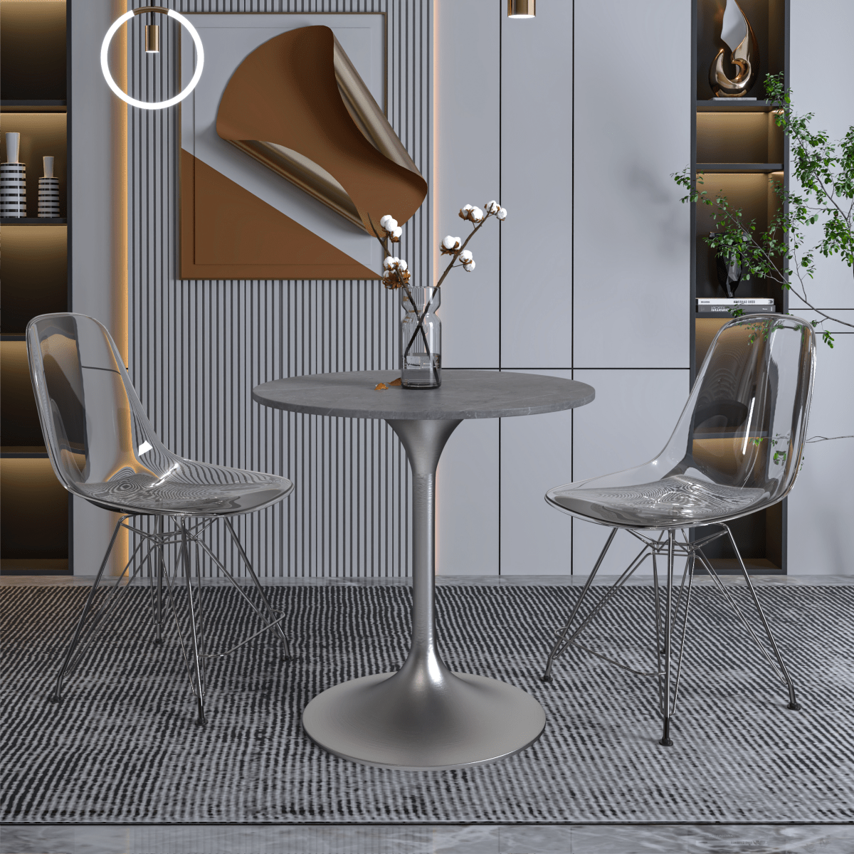 Verve Round Dining Table with MDF/Sintered Stone/Resin Tabletop in Silver Stainless Steel Pedestal Base Sintered Stone 27 Inch Grey Dining Table Leisuremod