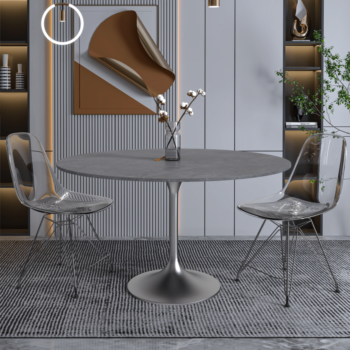 Verve Round Dining Table with MDF/Sintered Stone/Resin Tabletop in Silver Stainless Steel Pedestal Base Sintered Stone 48 Inch Grey Dining Table Leisuremod